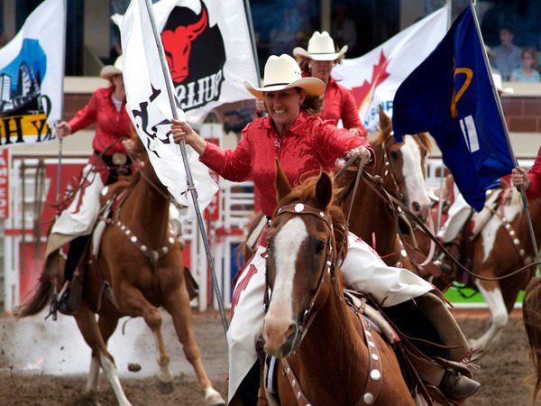 A female cowboy on a horse at the Calgary Stampede