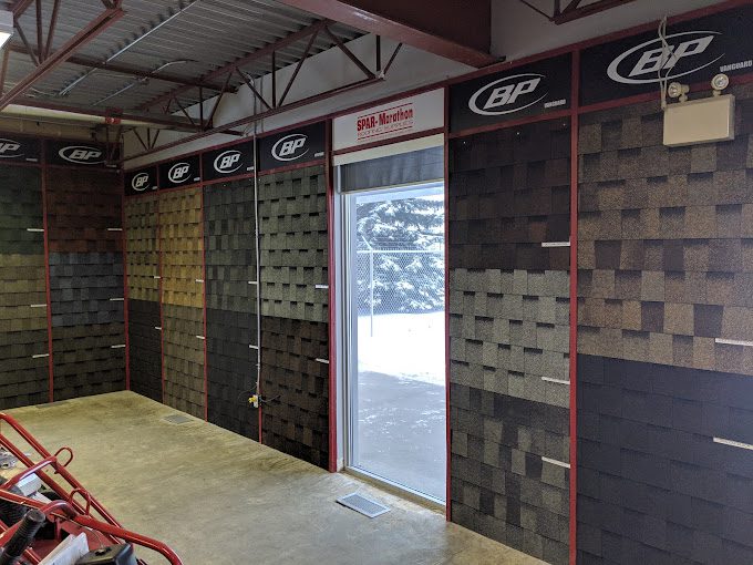 Inside view of shingle samples from within the Spar Marathon roofing store in Calgary